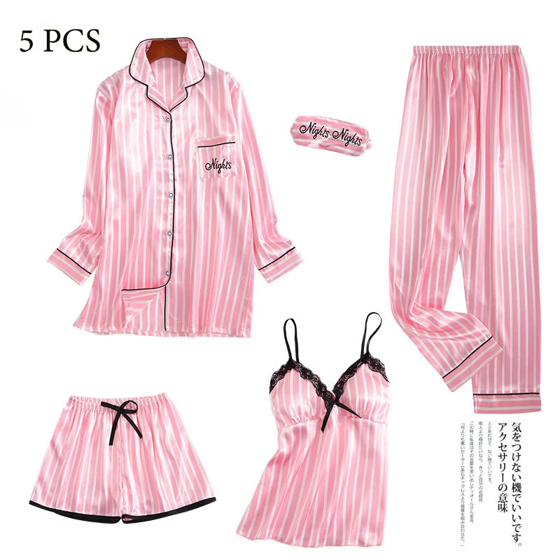 5 Pieces Lace Satin Women's Pajamas Sets Faux Silk Striped Pyjama Women's Pajamas Sleepwear Sets Spring Summer Homewear Lingerie
5 Pieces Lace Satin Women's Pajamas Sets Faux Silk Striped Pyjama Women's Pajamas Sleepwear Sets Spring Summer Homewear Lingerie