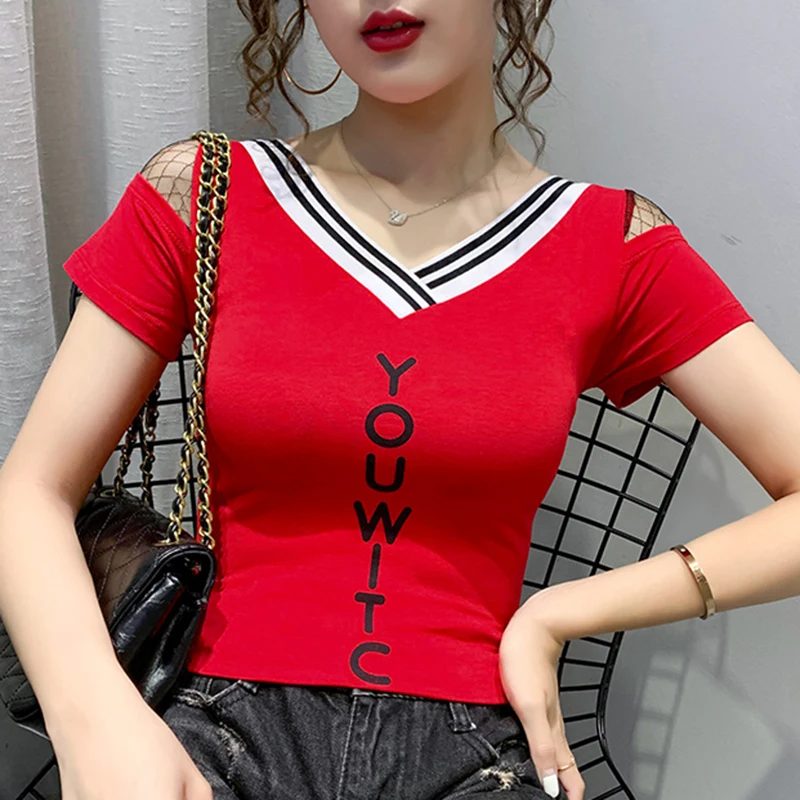 Funny Letter Print Off Shoulder T-shirts Women White Casual V-neck Cotton Tee Shirts Female Summer Tumblr Mesh Top 2020 Harajuku 
Funny Letter Print Off Shoulder T-shirts Women White Casual V-neck Cotton Tee Shirts Female Summer Tumblr Mesh Top 2020 Harajuku