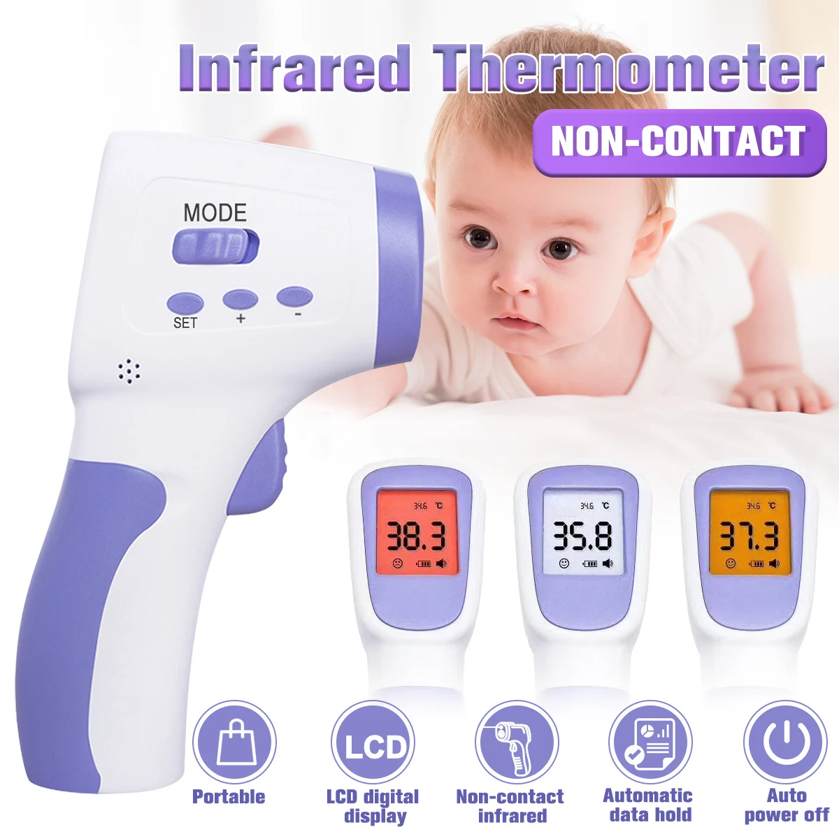 Digital Thermometer Infrared Baby Adult Forehead Non-contact Infrared Thermometer With LCD 3 Color Backlight Thermometer
Digital Thermometer Infrared Baby Adult Forehead Non-contact Infrared Thermometer With LCD 3 Color Backlight Thermometer