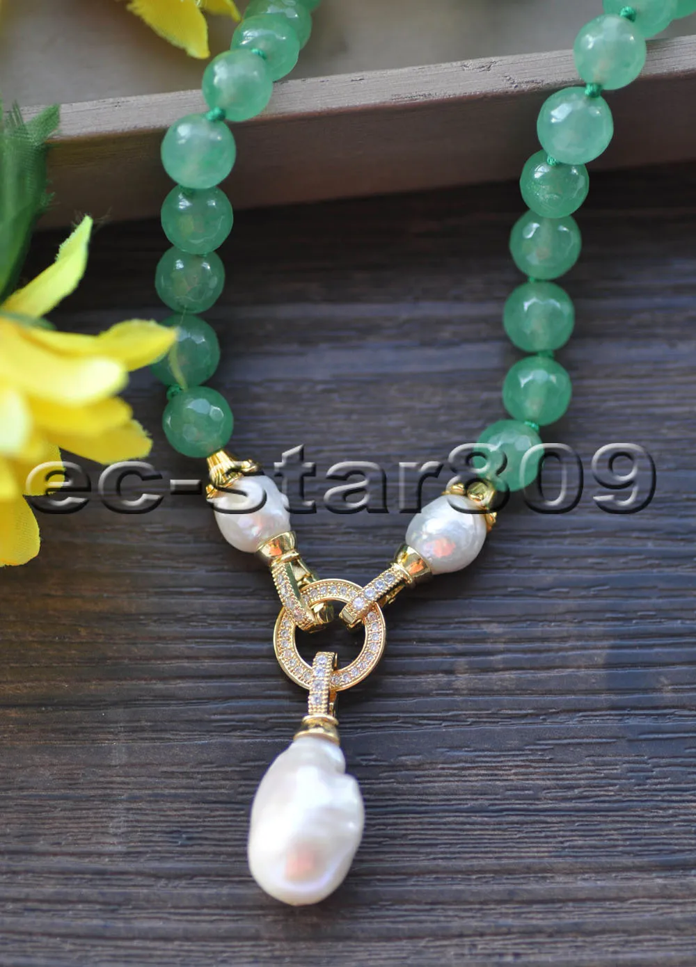 

MTC·STAR Z10123 19" Round Green Jade White Keshi Pearl Necklace Pendant CZ Custom jewelry