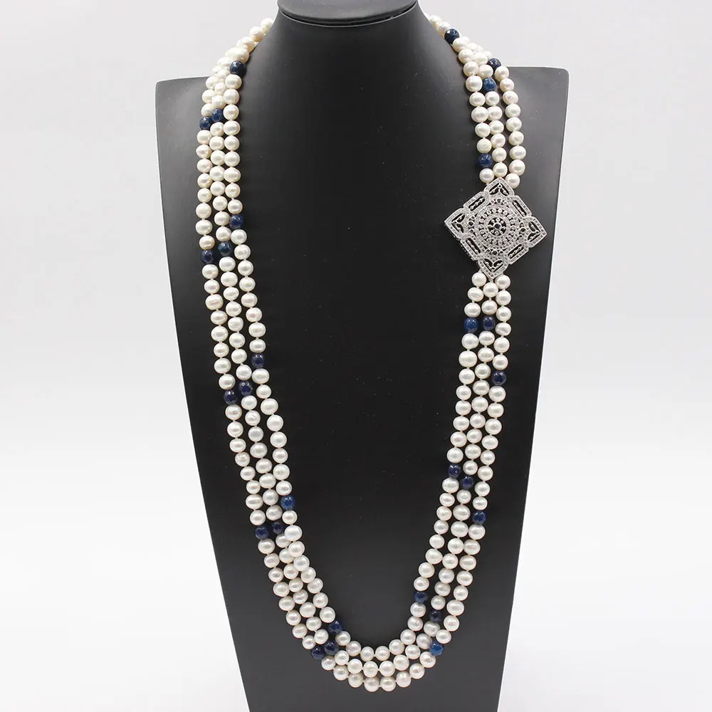 GuaiGuai ювелирные изделия 3 ряда Пресноводный Культивированный белый жемчуг синий Агат Cz паве кулон длинное ожерелье ручной работы для женщин 
GuaiGuai ювелирные изделия 3 ряда Пресноводный Культивированный белый жемчуг синий Агат Cz паве кулон длинное ожерелье ручной работы для женщин