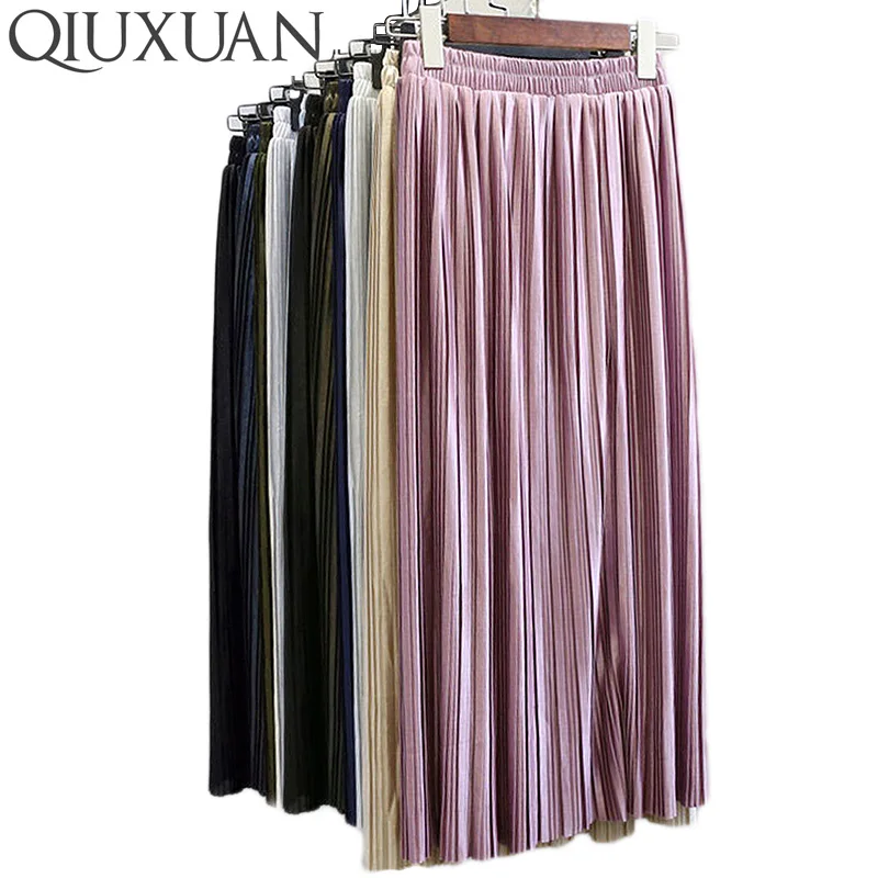 Женская плиссированная юбка Qiuxuan длинная до щиколотки с эластичной высокой