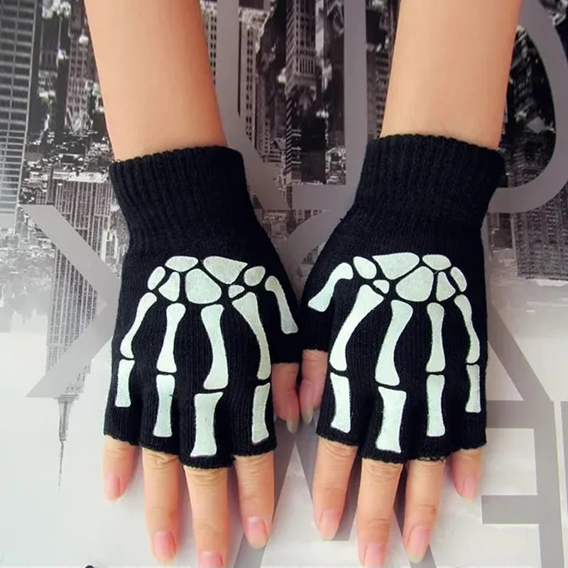 

Unisex Adult Halloween Skeleton Skull Half Finger Gloves Glow In The Dark Fingerless Stretch Knitted Winter Mittens Cycling