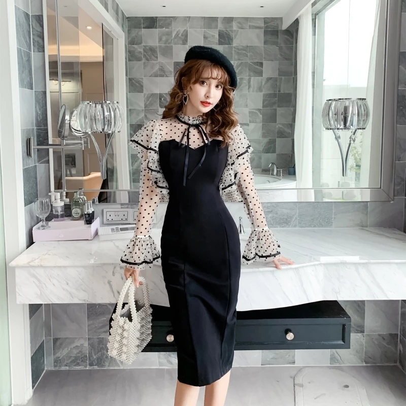 

COIGARSAM Sexy Polka Dot Women one-piece dress korean Flare Sleeve High Waist Strapless Mesh Dresses Black 6867