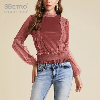 

SBetro Autumn and winter fashion new Frill Trim Shirred Waist Lace Detail Velvet Blouse