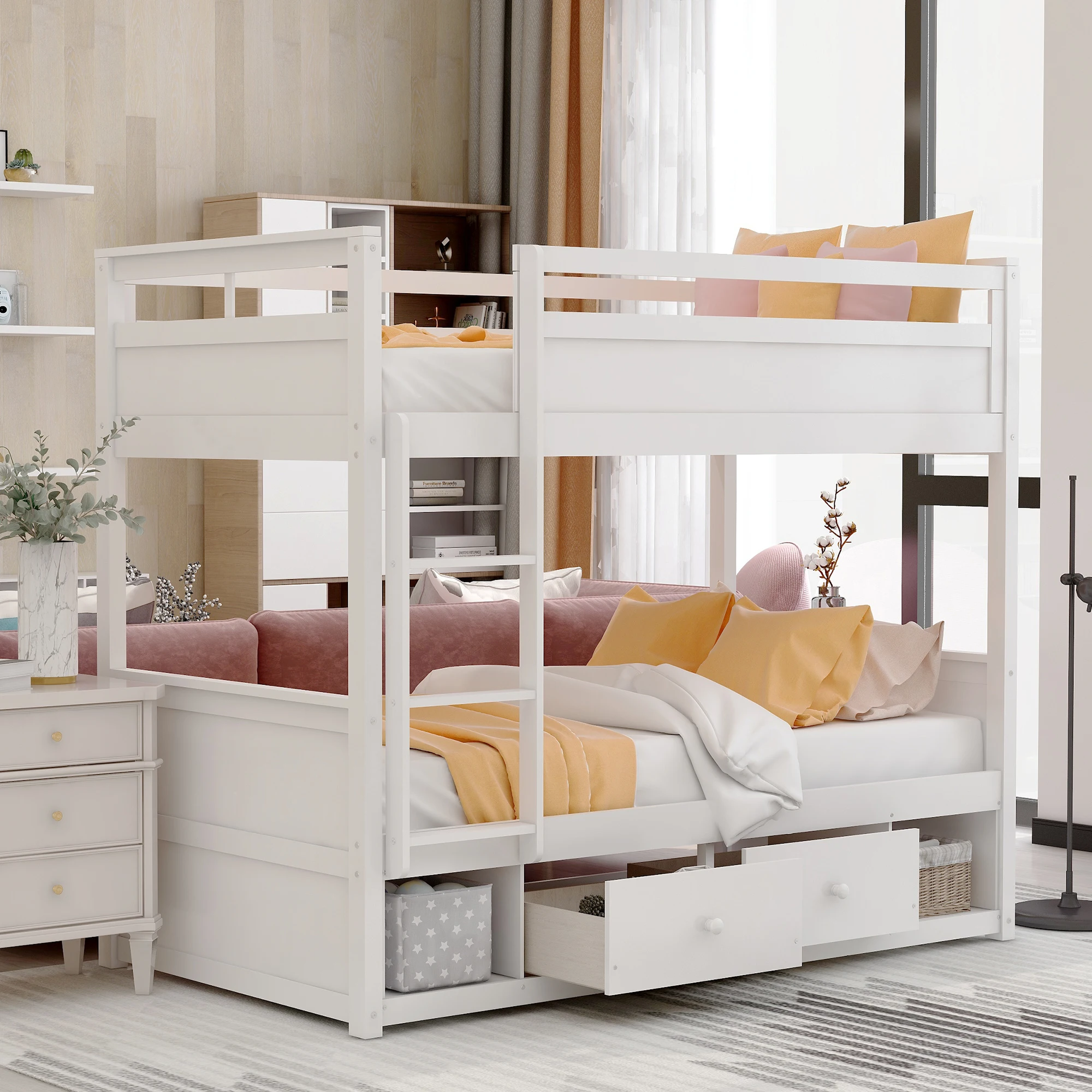 Twin over twin bunk bed, with two drawers and two storage
Twin over twin bunk bed, with two drawers and two storage