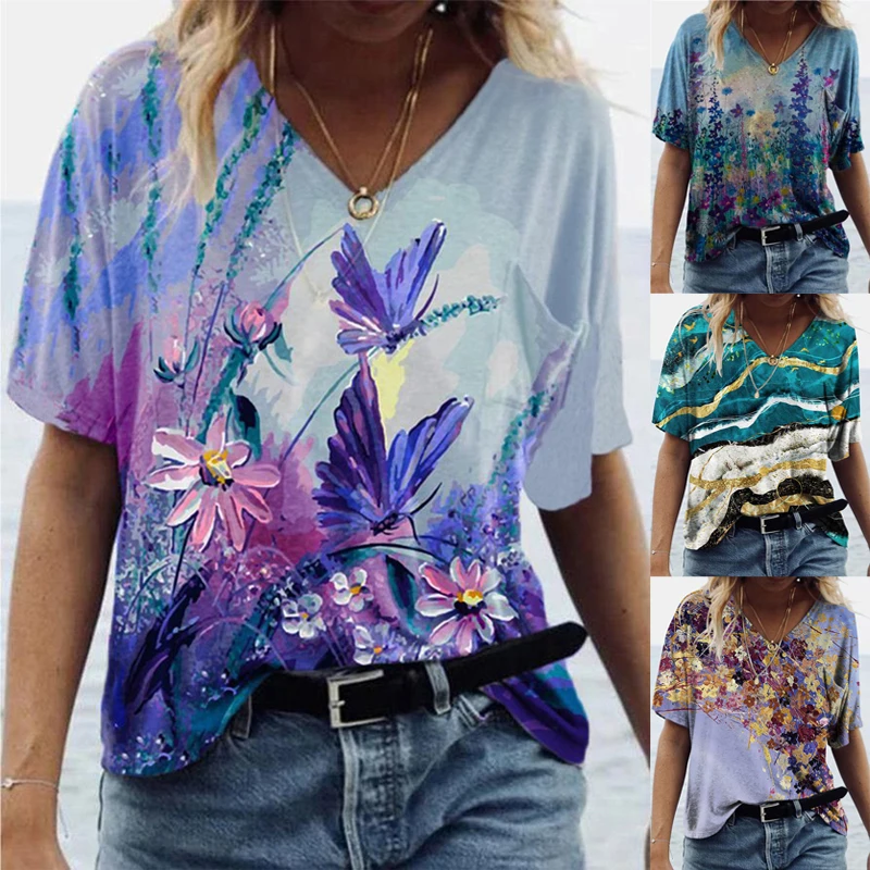 Women Summer Short Sleeve V-Neck Printed T-shirt Loose Casual Plus Size Beach Colorful Tops Blosue Plus Size
Women Summer Short Sleeve V-Neck Printed T-shirt Loose Casual Plus Size Beach Colorful Tops Blosue Plus Size