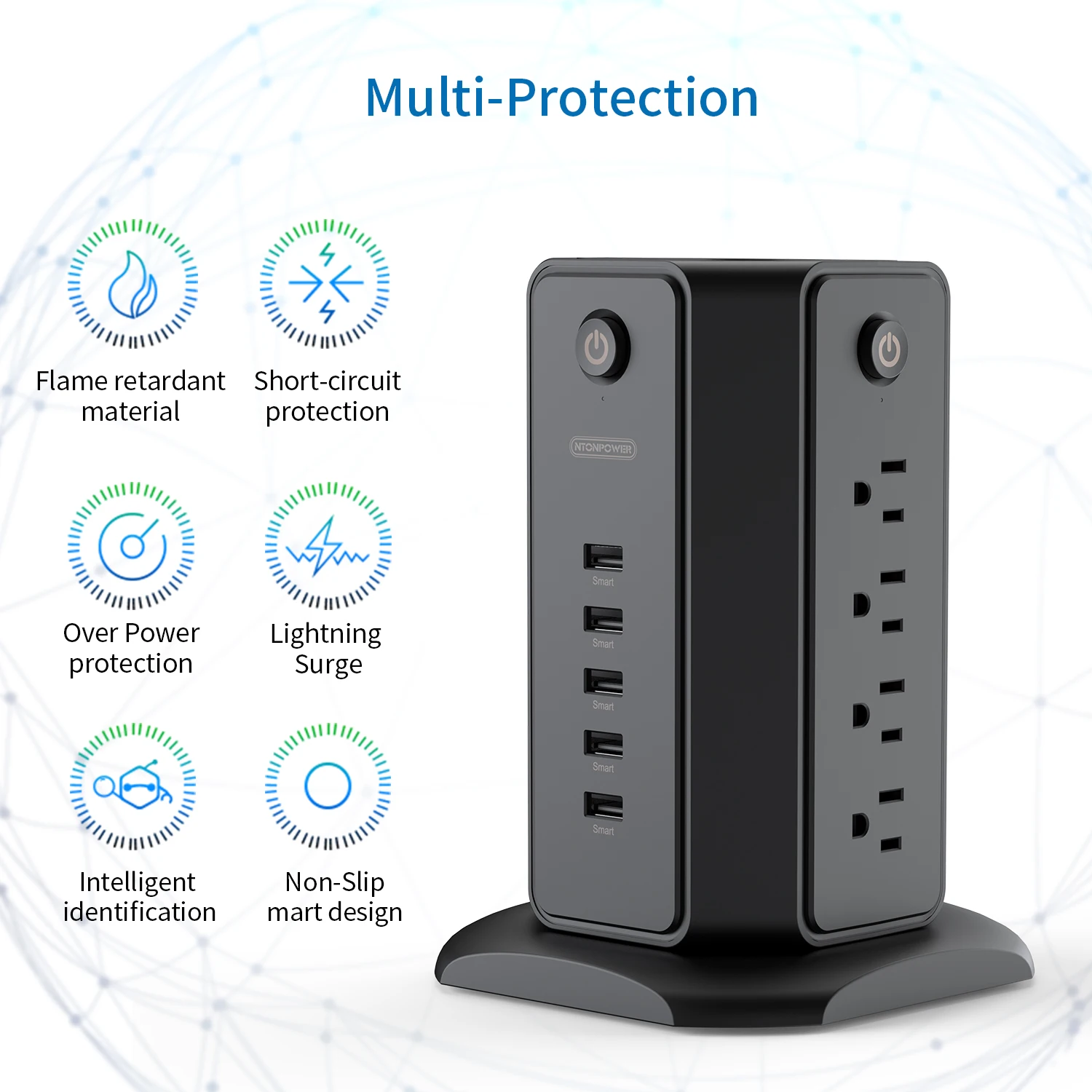 NTONPOWER US Power Strip Tower with 3M Extension Cord Surge Protector with Flat Plug 13A Circuit Breaker for Home and Office NTONPOWER US Power Strip Tower with 3M Extension Cord Surge Protector with Flat Plug 13A Circuit Breaker for Home and Office
