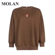 

MOLAN Woman Fashion Little Mushroom Embroidered Hoddie Solid Brown O Neck Long Sleeve High Street Top Female Loose Chic Pullover