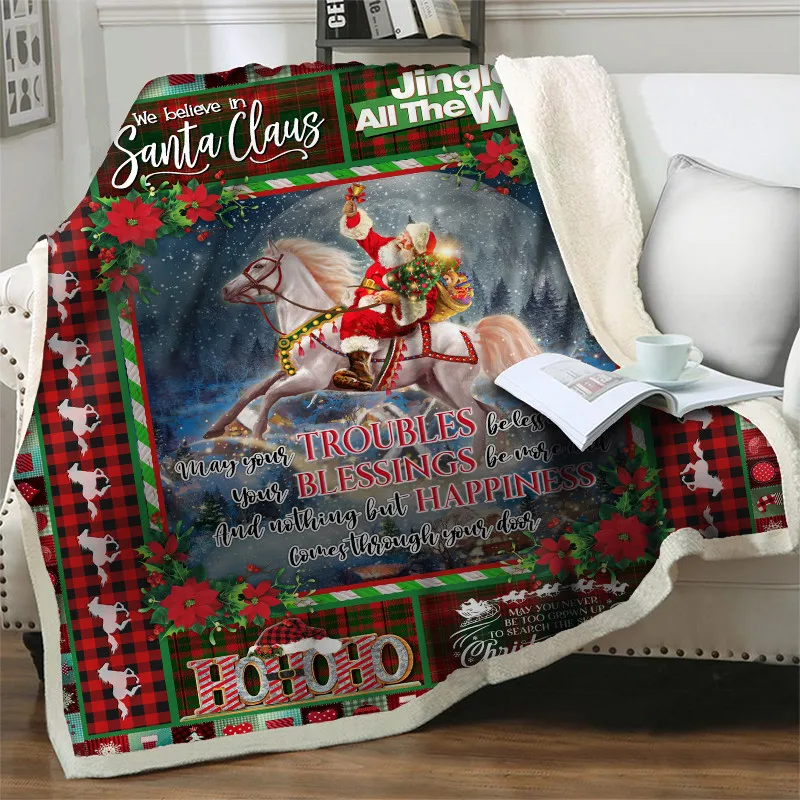 

Sherpa Blanket Soft Warm Throw Blanket 3D Santa Claus With Horse Quilt Sofa Bedding Nap Blankets Merry Christmas Home Decotation