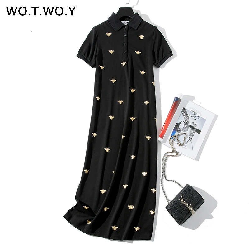 Bee Print Long Knee-Length Shirt Dresses Women 2019 Casual Turn-down Polo Straight Dress Female Pockets Cotton Clothes