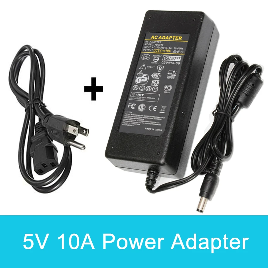 

5V 10A Universal Power Adapter 100-240V AC to DC Supply Switching Charger US EU Plug 50W 5.5mm x 2.5mm for Switch LED Strip Lamp