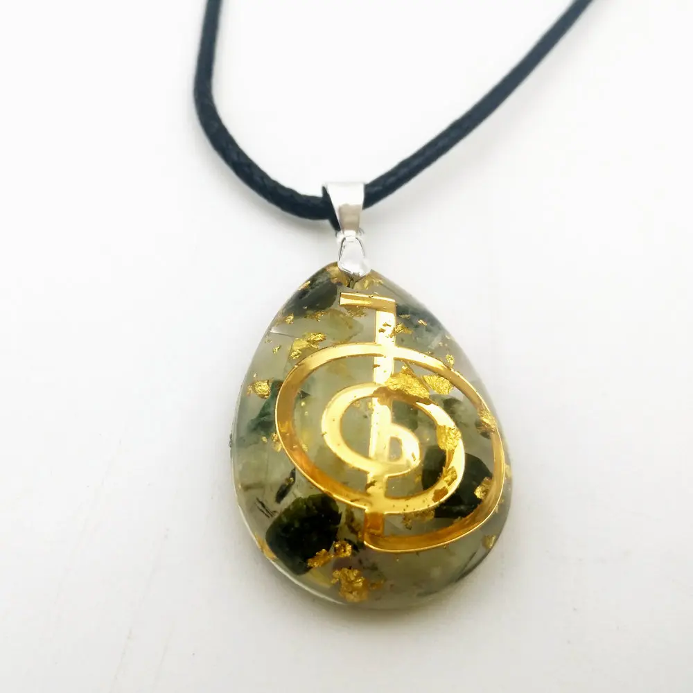 Black Tourmali Waterdrop Shaped Orgonite Pendant Necklace With Cho Ku Rei Symbol 