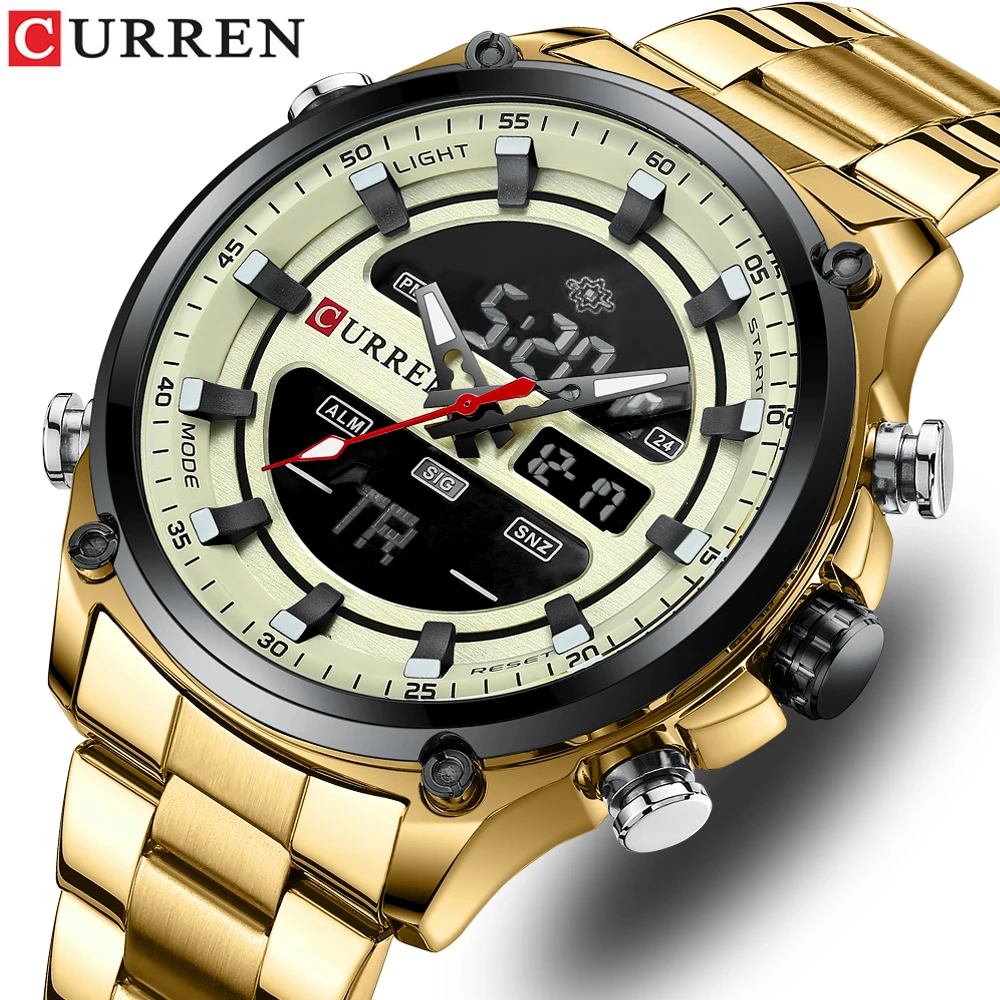 CURREN Sport Quartz Digital Watches for Men Led Luminous Multifunction Stainless Steel Wristwatches Dual Display Clock Male |