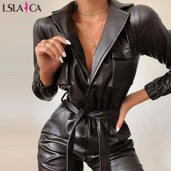 Fashion Women Leather Jumpsuit Turn-down Collar Long Sleeve Strappy Cool Streetwear Ladies Autumn Winter Black Overalls
Fashion Women Leather Jumpsuit Turn-down Collar Long Sleeve Strappy Cool Streetwear Ladies Autumn Winter Black Overalls