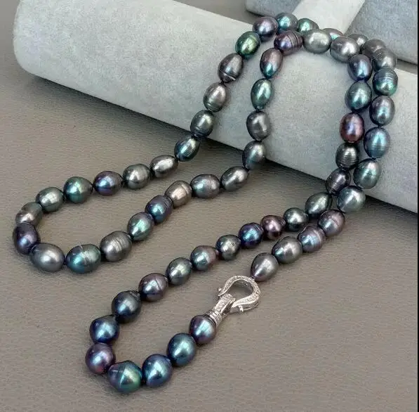 

9mm gray black green colors rice pearl necklace heart clasp natural freshwater pearl Jewelry