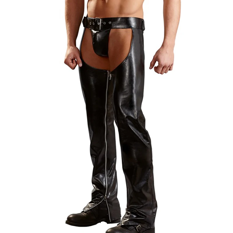 

Lingere Sexy Men PU Leather Pants Thongs Zipper Black Trousers Wetlook T-back Bugle Pouch Latex PVC Clubwear Fetish Pants 2XL