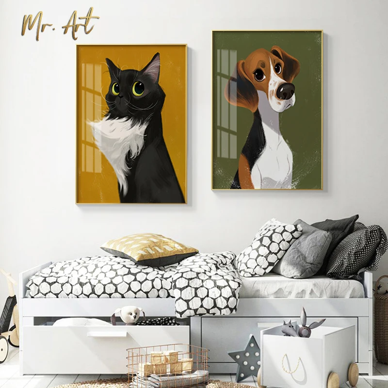 Картина на холсте с милыми животными плакат мультяшной собакой и котом печать в