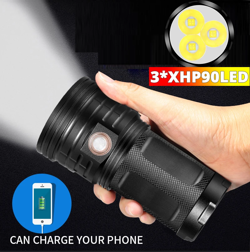 10400mAH Quad Core 3*XHP90 Ultra Powerful LED Flashlight 18650 Built-in Battery USB 3 Modes LED Flash Light Waterproof Torch
10400mAH Quad Core 3*XHP90 Ultra Powerful LED Flashlight 18650 Built-in Battery USB 3 Modes LED Flash Light Waterproof Torch