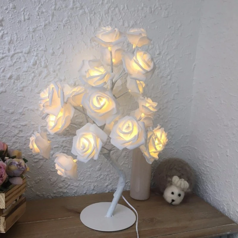 LED белый цветок розы прикроватный ночной Светильник для спальни настольная лампа