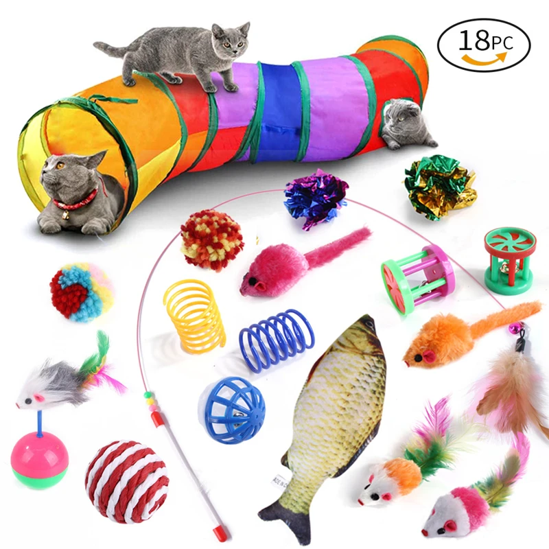 

18 Pcs Cat Toy Interactive Kit Collapsible Tunnel Indoor Kitten Teaser Wand Mice & Ball Pet Teeth Clean Fun Channel Catnip Fish