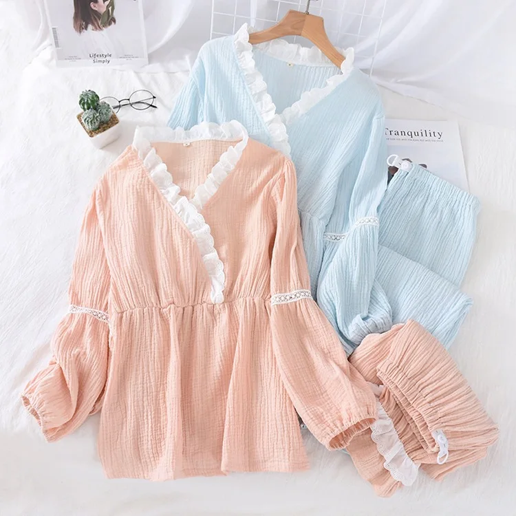 Spring And Summer Women's Pure Cotton Yarn Crepe Lace V-neck Pajamas Thin Solid Color Washed Cotton Long Sleeve Pullover Tracksu
Spring And Summer Women's Pure Cotton Yarn Crepe Lace V-neck Pajamas Thin Solid Color Washed Cotton Long Sleeve Pullover Tracksu
