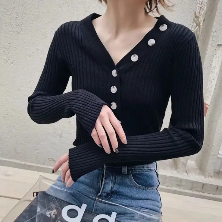 HCBLESS 2019 autumn new women diagonal buckle V-neck pit strip slim sweater stretch bottoming | Женская одежда