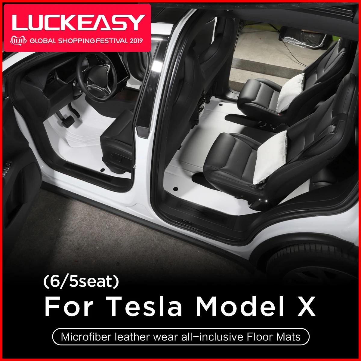 LUCKEASY для Tesla Model X(5 - 6 seat) 2017-2020 автомобильные кожаные коврики из микрофибры белые 3