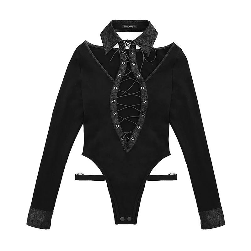 Gothic Punk Bodysuit Women Black Jumpsuit Long Sleeves Sexy Tops Hollow Out Cross Straps Turn Down Collar Party Women Clothes