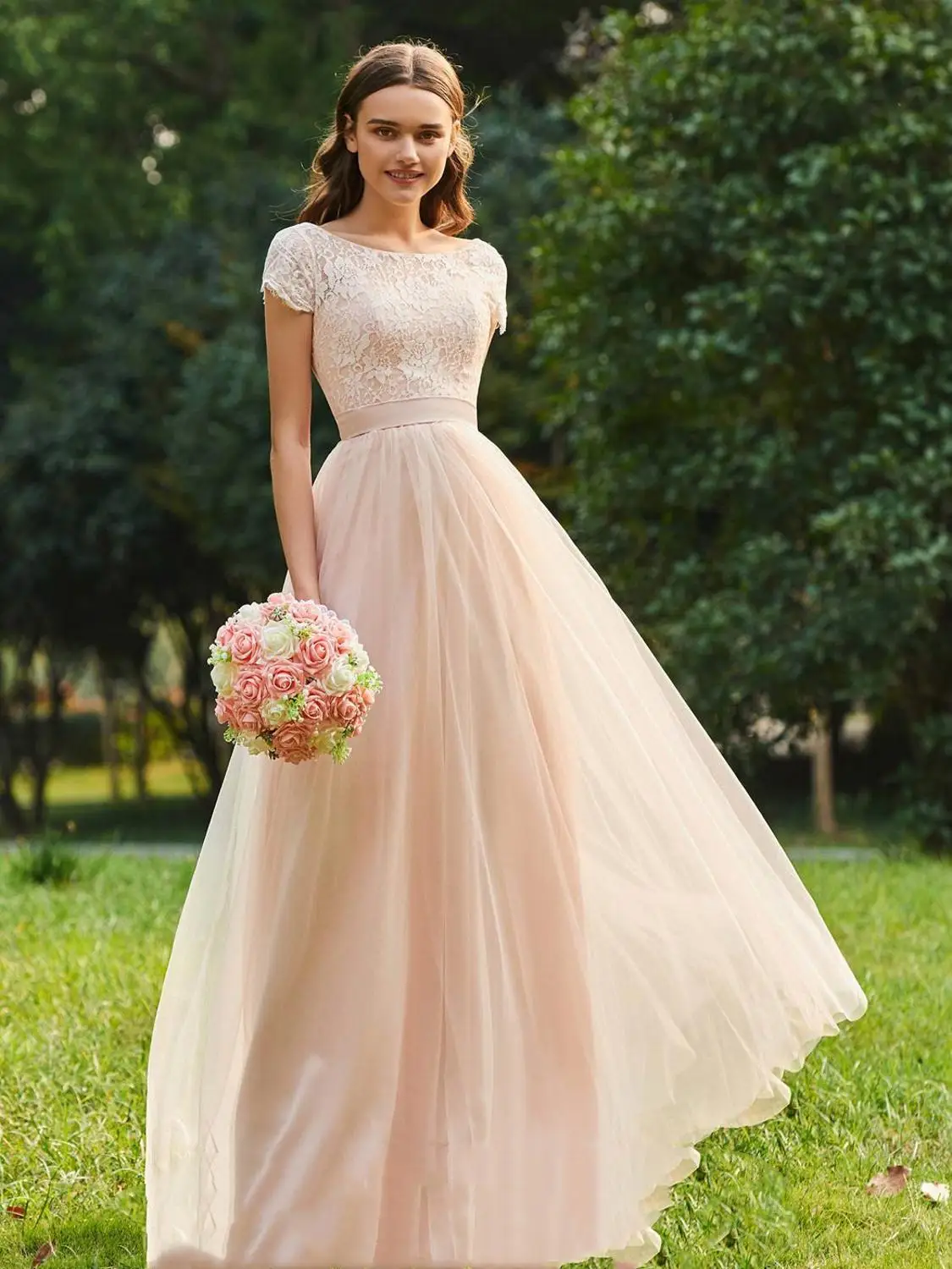 Sweet Formal Wedding Bridesmaid Dress A-Line O-Neck Short Sleeve Backless Applique Lace Floor Length Party Gown New Arrival
Sweet Formal Wedding Bridesmaid Dress A-Line O-Neck Short Sleeve Backless Applique Lace Floor Length Party Gown New Arrival