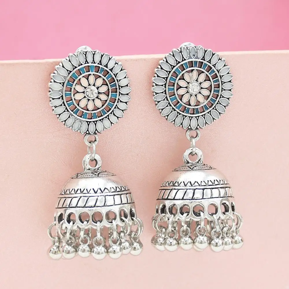 

Hot Indian Peacock Oxidized Earring With Hollow Flower Jhumka jhumki Earrings Silver For Wedding Bridal Afghan Thailand Jewelry