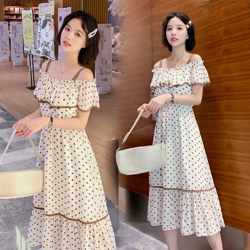 

Very Fairy of France Non-mainstream Dress Women's 2019 Summer New Style Camisole off-Shoulder Polka Dot Long Skirts Immortal Swe