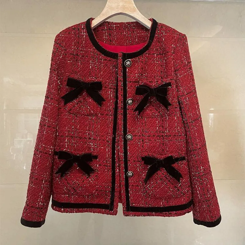 

2024 Wool Tweed Jackets Women Plaid Tassel Cropped Bomber Jacket Coat Autumn Winter Outwear Elegant Harajuku Pearls Bow