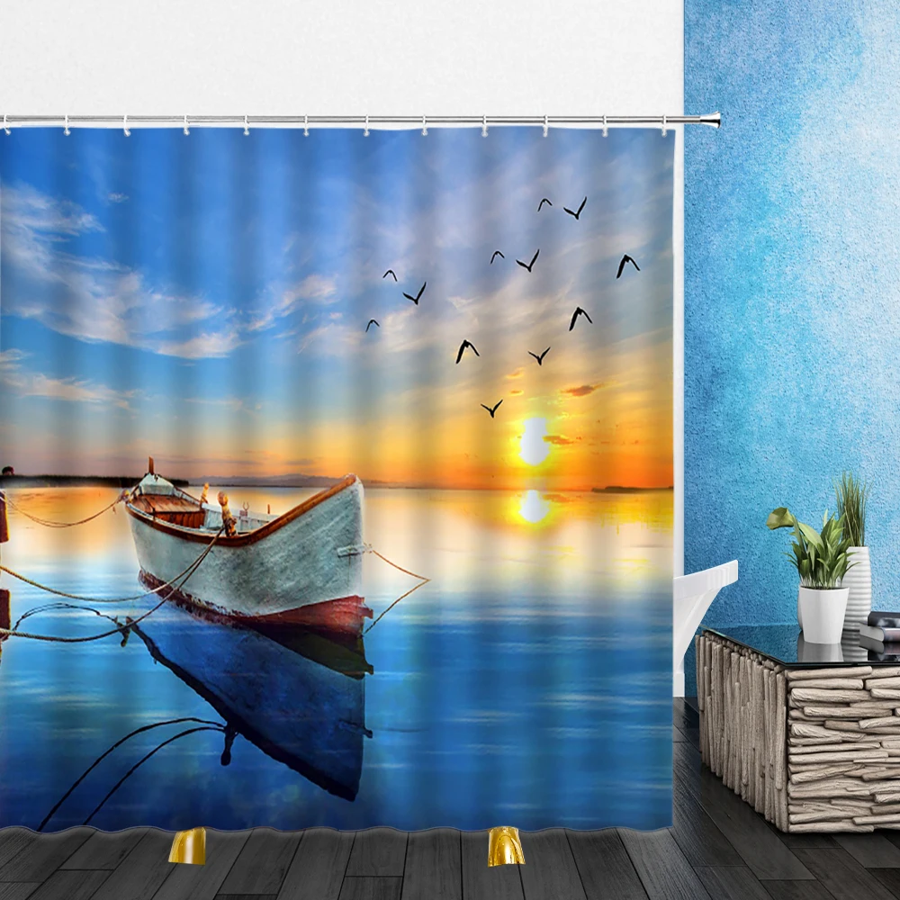 

Landscape Shower Curtains Summer Dusk Ocean Boat Natural Scenery 3D Print Bathroom Home Decor Waterproof Polyester Cloth Curtain