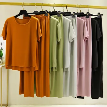 New Summer Sleeping Suits Female Cotton Round Neck Short-Sleeved Two-Piece Set Wide Leg Pants casual suit Pijama 2 Pieces Set
New Summer Sleeping Suits Female Cotton Round Neck Short-Sleeved Two-Piece Set Wide Leg Pants casual suit Pijama 2 Pieces Set