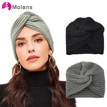 MOLANS Novo Nó Turbante Bandanas Turbante Cabeça 2019 Outono Inverno Tricô Quente Cap Centro Sólido Cruz Mulheres Lenços de Cabelo(China)