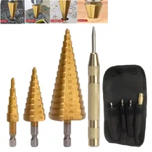 4PCS HSS Titanium Step Drill Bit Set with Automatic Center Punch kerner For Metal Plastic Wood Glass Power Woodworking Tool
4PCS HSS Titanium Step Drill Bit Set with Automatic Center Punch kerner For Metal Plastic Wood Glass Power Woodworking Tool