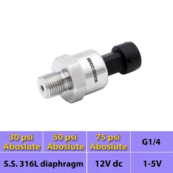 

absolute sensor pression, 50psi, 30psi, 75psi absolute pressure, 1 5V output, AISI 316L diaphragm ,G 1 4 thread, 24V, 12V dc