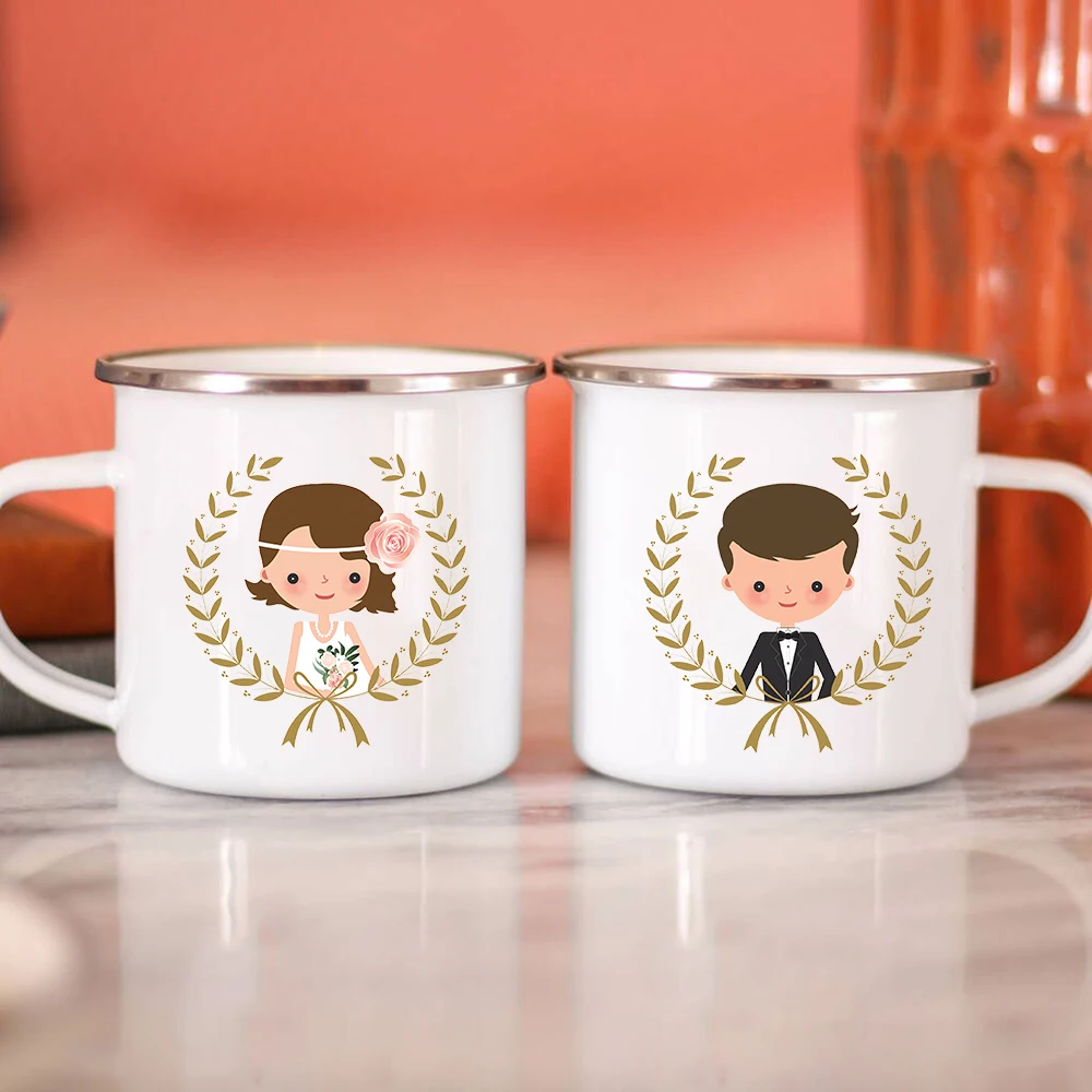 

Bride Bridegroom Creative Enamel Coffee Mugs Marry Party Wine Beer Drink Juice Cocoa Cups Lovers Milk Water Mug Valentines Gifts