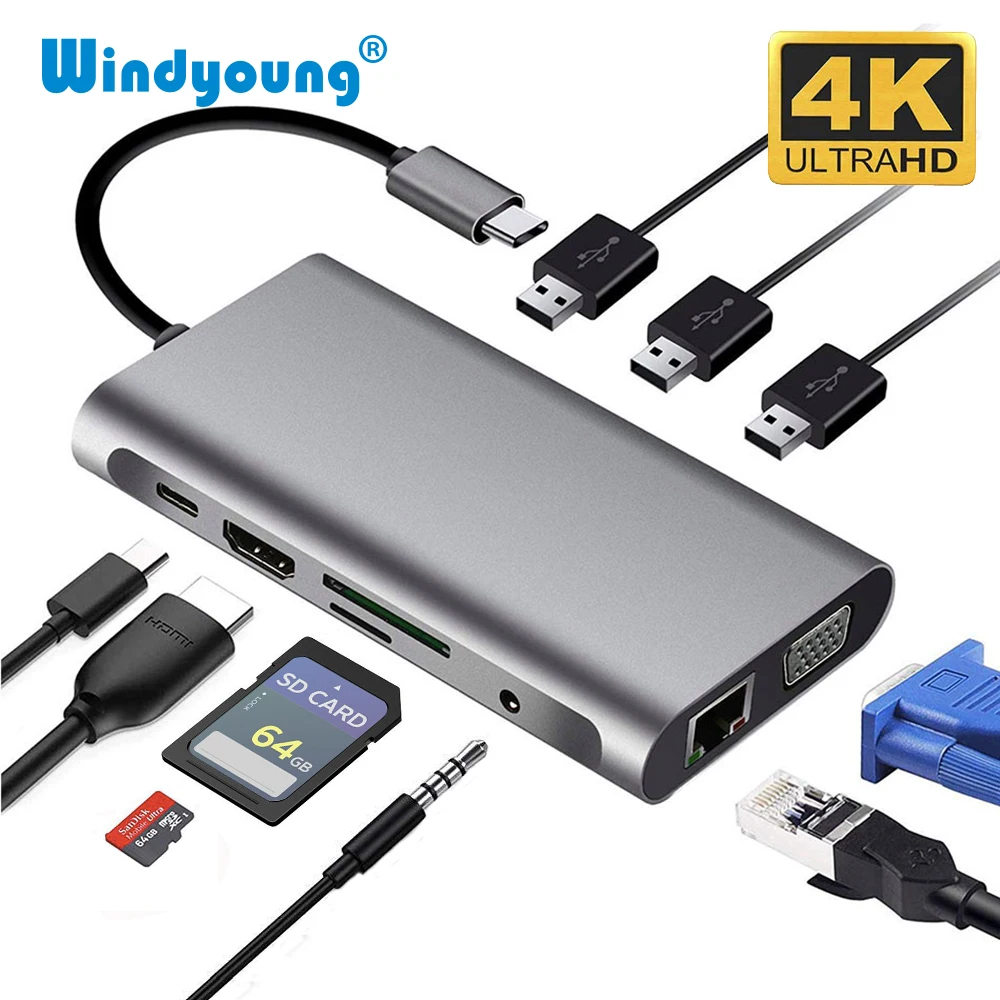 

USB C HUB to HDMI Dock 10 in 1 Thunderbolt 3 Type C Adapter USB 3.0 Port 4K HDMI 1080P VGA RJ45 Gigabit Ethernet For Macbook Pro