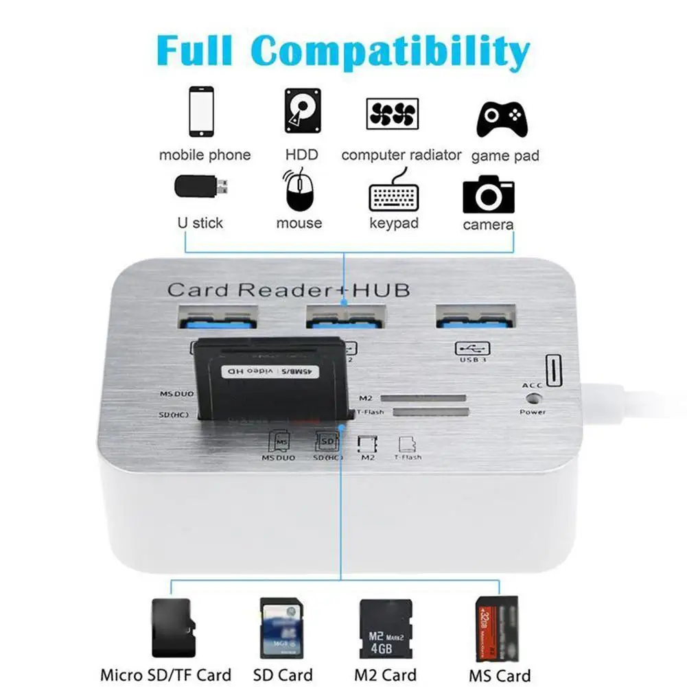 Aluminum 3 Port USB 3.0 Hub MS SD M2 TF Multi-In-1 Any Reader US Card Memory PC Adapter For Windows A6N2
Aluminum 3 Port USB 3.0 Hub MS SD M2 TF Multi-In-1 Any Reader US Card Memory PC Adapter For Windows A6N2