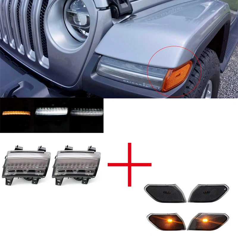For Jeep Wrangler JL 2018 2019 Front Fender Flares Smoked LED Side Maker Lights I Daytime Running Light Amber Turn Signal Lamp | Автомобили