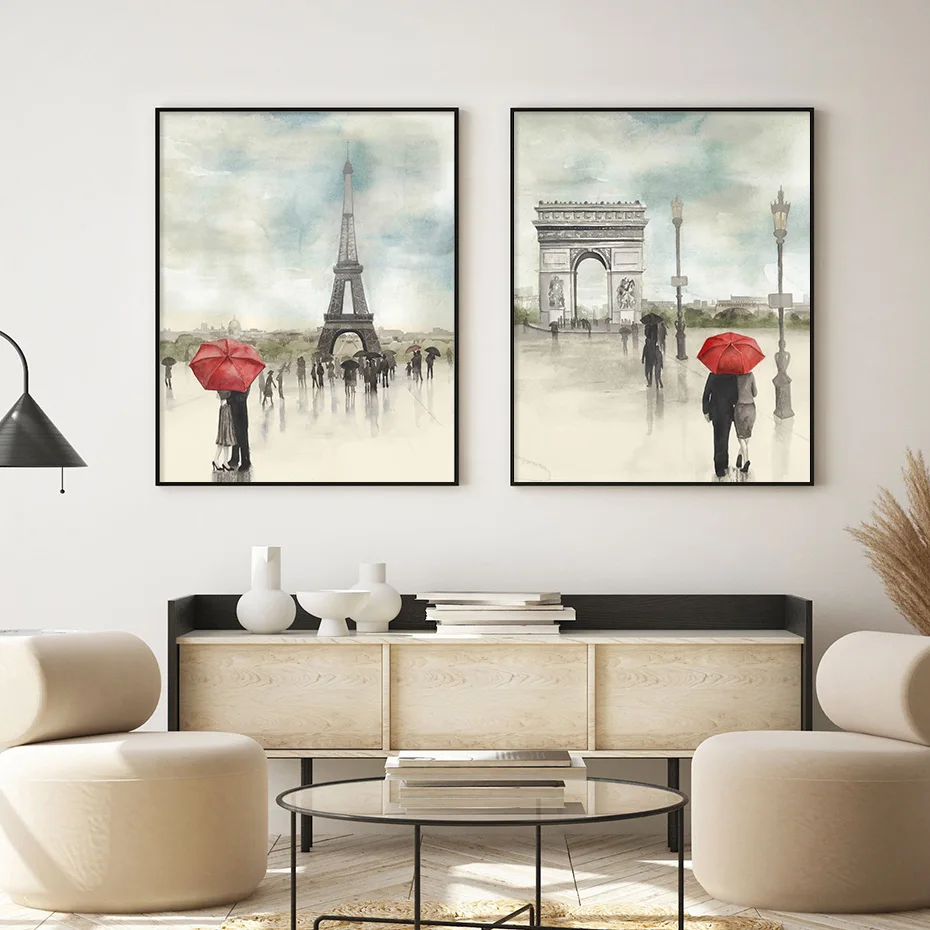 

Vintage Paris Rainy Street View Eiffel Tower Poster Canvas Painting Wall Art Print Picture for Living Room Interior Home Decor