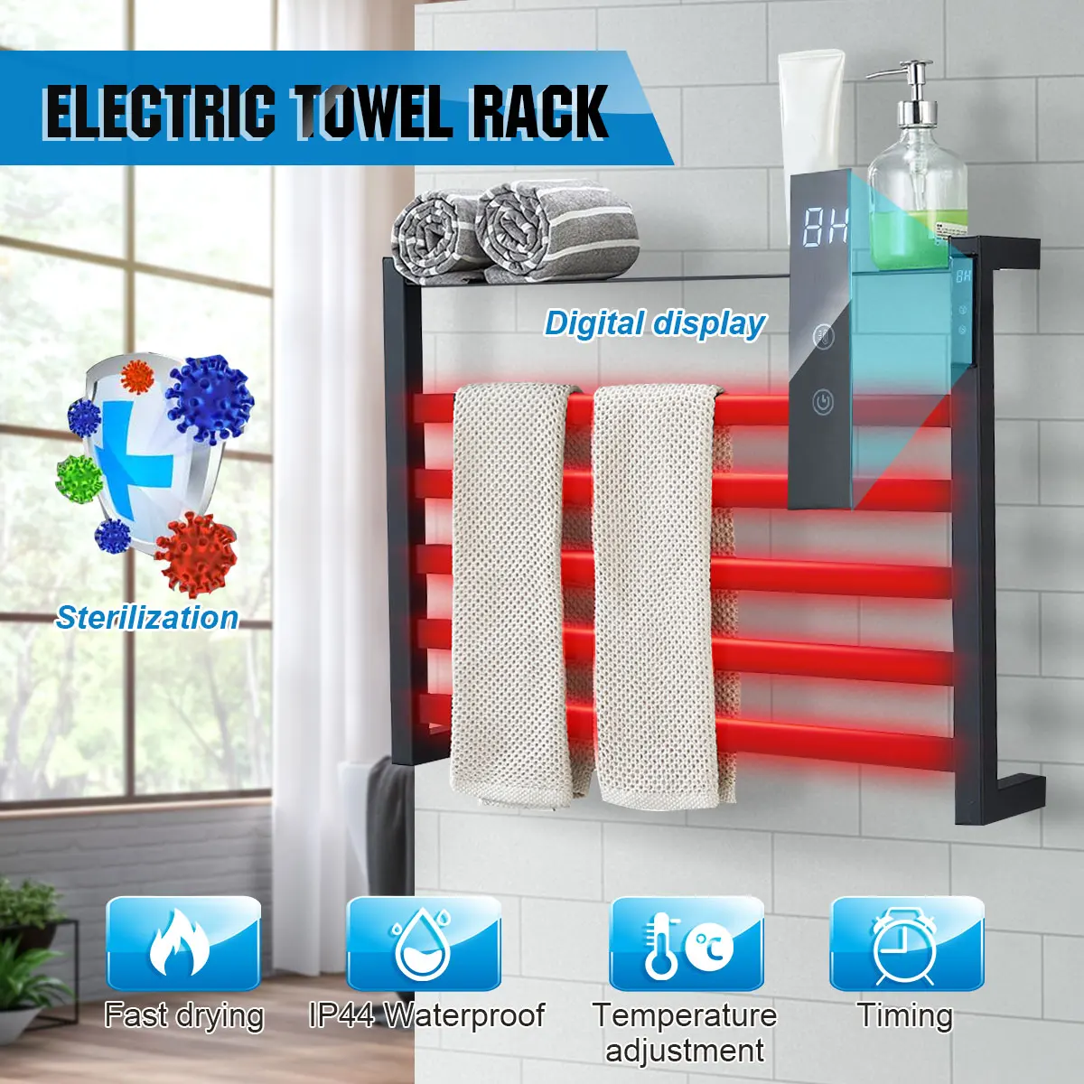 80W IP44 Waterproof Bathroom Electric Towel Rack 6 Layers Stainless Steel Temperature &Time control Smart Home Heated Towel Rail 
80W IP44 Waterproof Bathroom Electric Towel Rack 6 Layers Stainless Steel Temperature &Time control Smart Home Heated Towel Rail