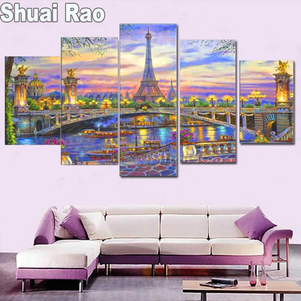 

Алмазная живопись «Башня, город, Париж», пейзаж, «сделай сам», 5 шт., полноразмерная Круглая Мозаика, вышивка, мульти-картина, домашний декор, 5 панелей,