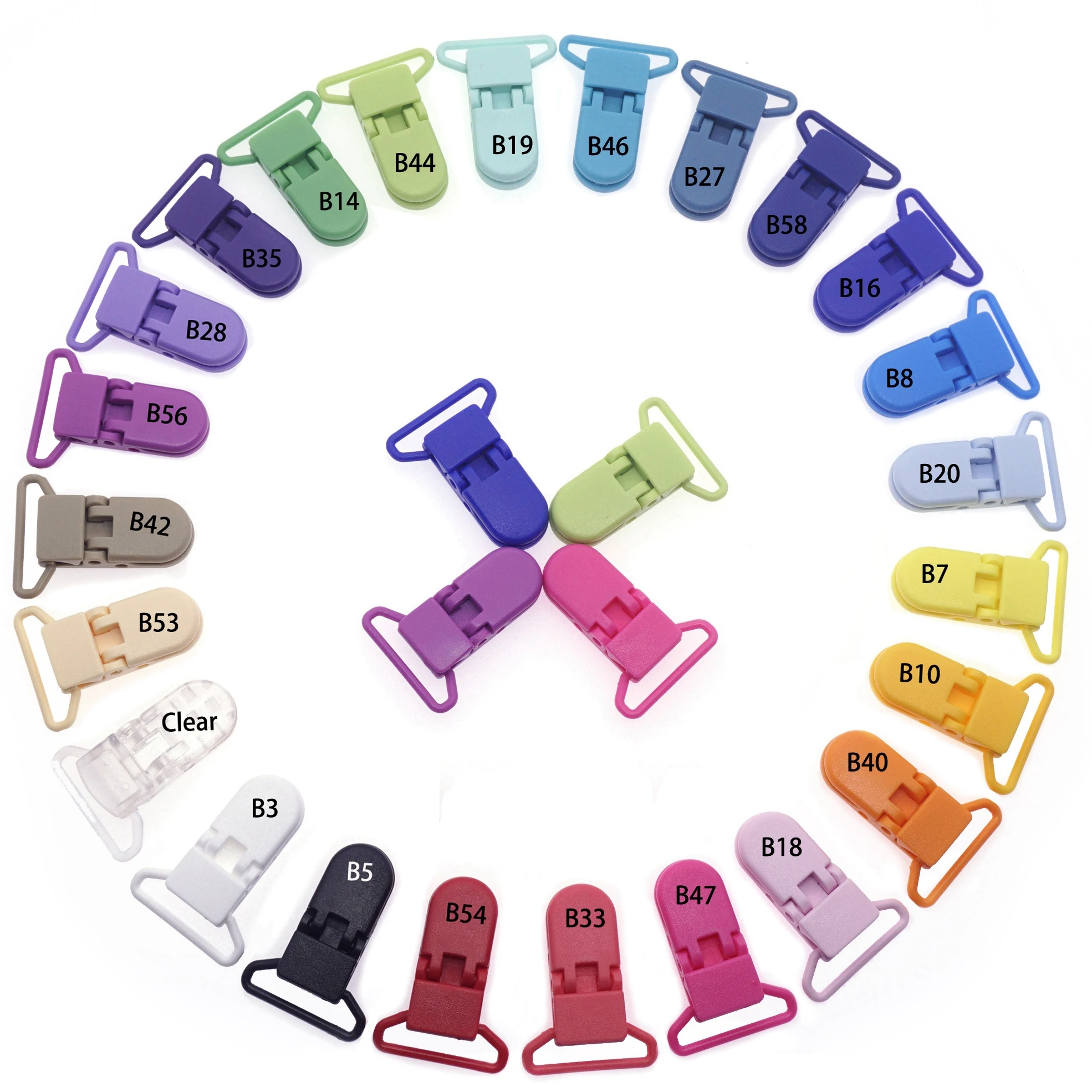 

Sutoyuen 100pcs 25mm 1'' KAM Plastic Garment Binder Suspender Clips Baby Pacifier MAM Dummy Soother Chain Holder Clips 20 Colors