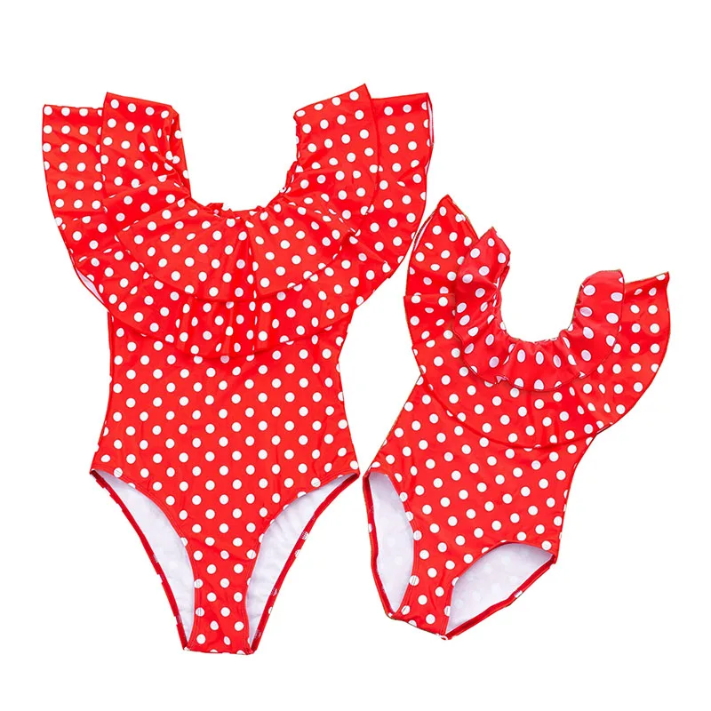 

Mom Girls Family Ruffles Matching Clothes Daughter Mama Red Leopard Polka Dot Bikini Swimsuit One-Piece Swimwear for Girl Mother