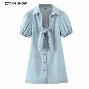 2020 Vintage Blue Tie Bow Short Sleeve Denim Dress Women Lapel Single-breasted Buttons Package Hips mini Dresses Short Vestido 
2020 Vintage Blue Tie Bow Short Sleeve Denim Dress Women Lapel Single-breasted Buttons Package Hips mini Dresses Short Vestido