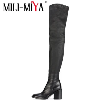 MILI-MIYA New Motorcycle round toe pu+genuine leather boot square heels solid autumn winter boots lady black over the knee boots 
MILI-MIYA New Motorcycle round toe pu+genuine leather boot square heels solid autumn winter boots lady black over the knee boots