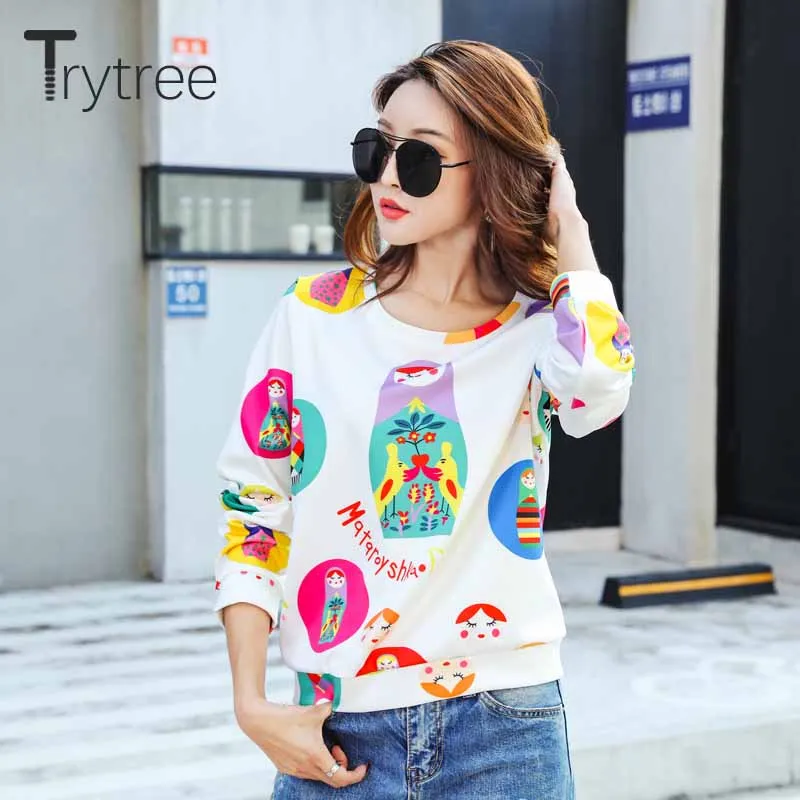 Trytree 2019 Autumn Winter Women Sweatshirt Casual Pullovers O-Neck Satin Russian Dolls Print Fashion Loose Sweatshirt White Top
Trytree 2019 Autumn Winter Women Sweatshirt Casual Pullovers O-Neck Satin Russian Dolls Print Fashion Loose Sweatshirt White Top